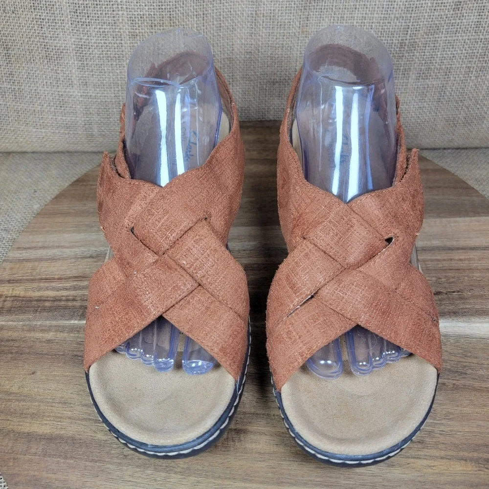 Clarks Merliah Echo Wedge Sandals Rust Brown Textile Straps Women's‎ 9 Comfort